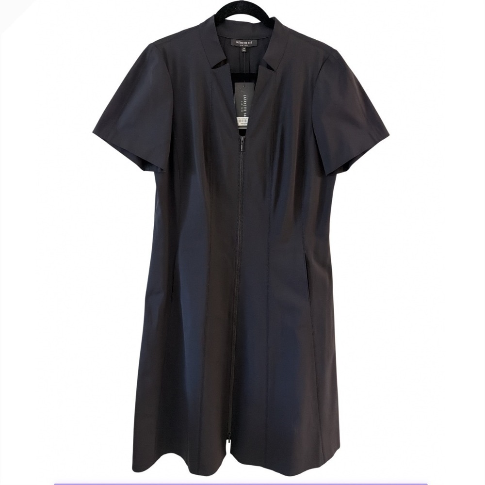 Lafayette 148 New York Black Zip Front Dress Short Sleeve Cotton Blend Size 14